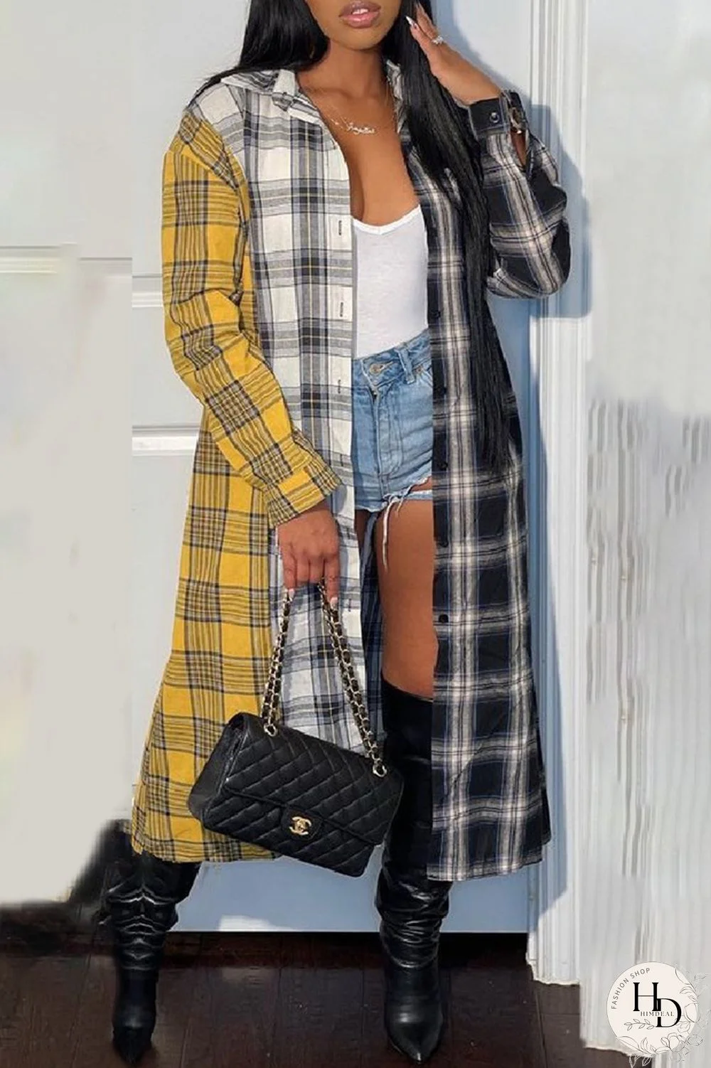 Multicolor Fashion Casual Plaid Print Cardigan Turndown Collar Outerwear