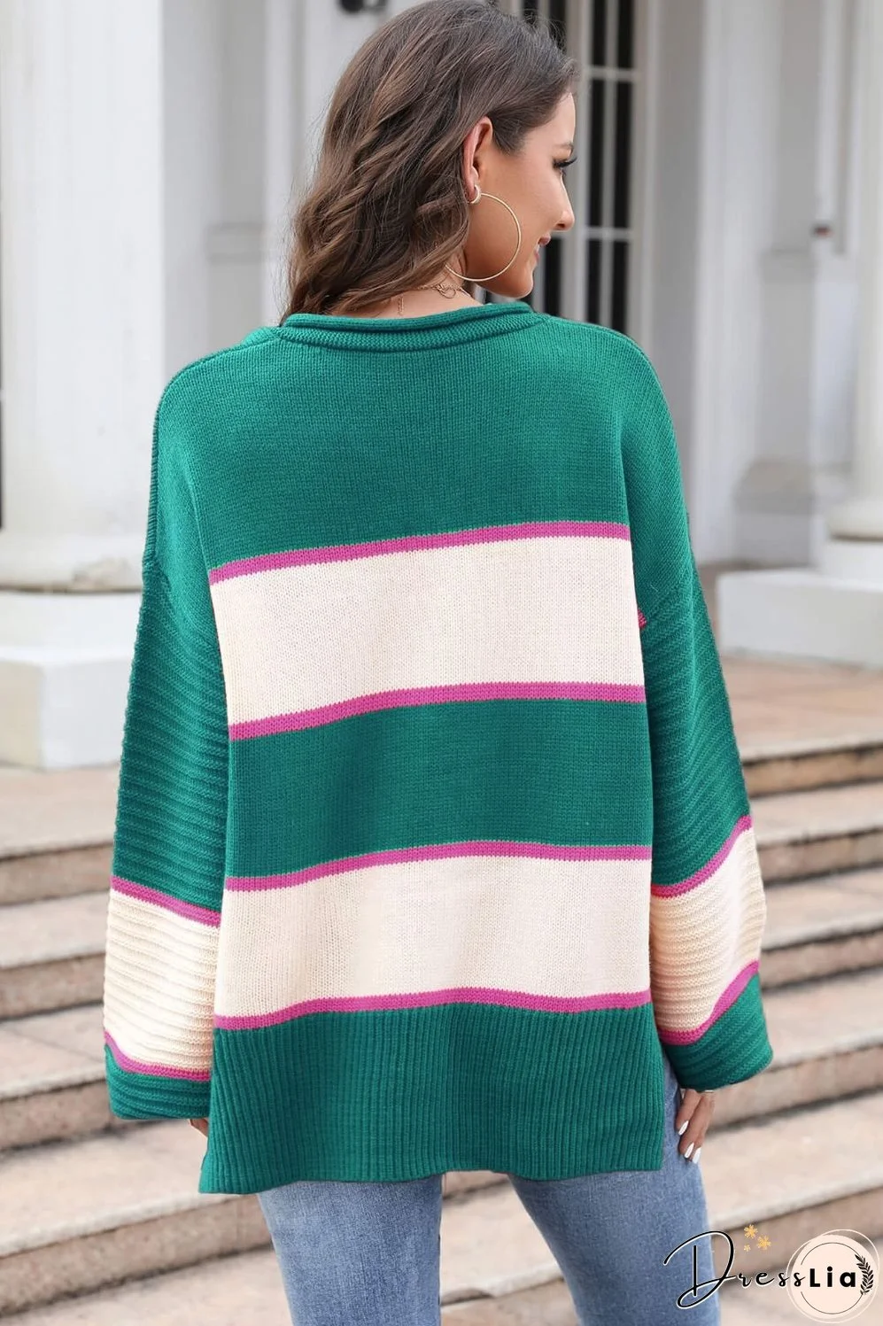 Striped Dropped Shoulder Side Slit Sweater
