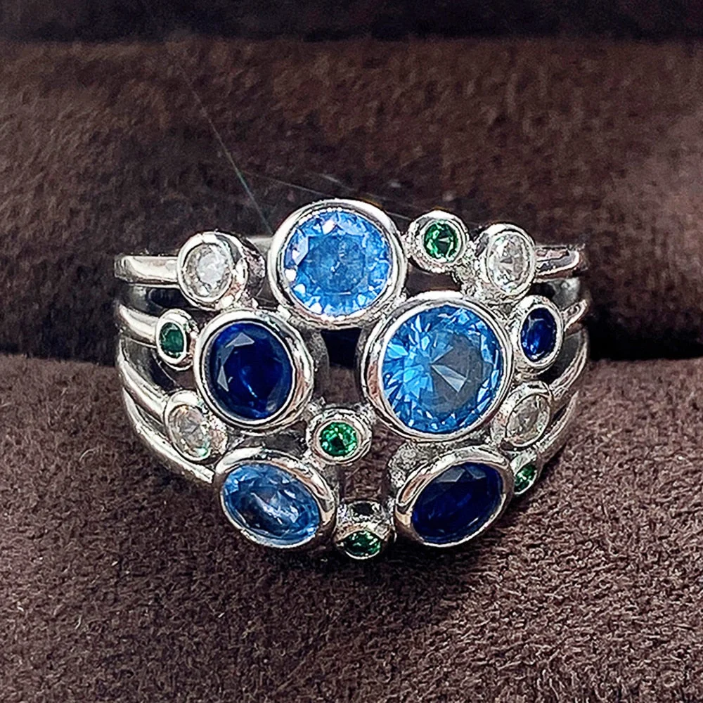Huitan Special-interested Wedding Rings Women Inlaid Round Blue Cubic Zirconia Colorful Silver Color Band Ring for Party Jewelry