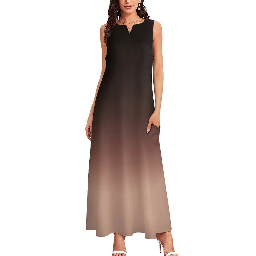 Chocolate Brown Ombre Elegant Gradient Womens Plus Size Long Boho Dresses Loose V Neck Sleeveless Maxi Dress with Pockets
