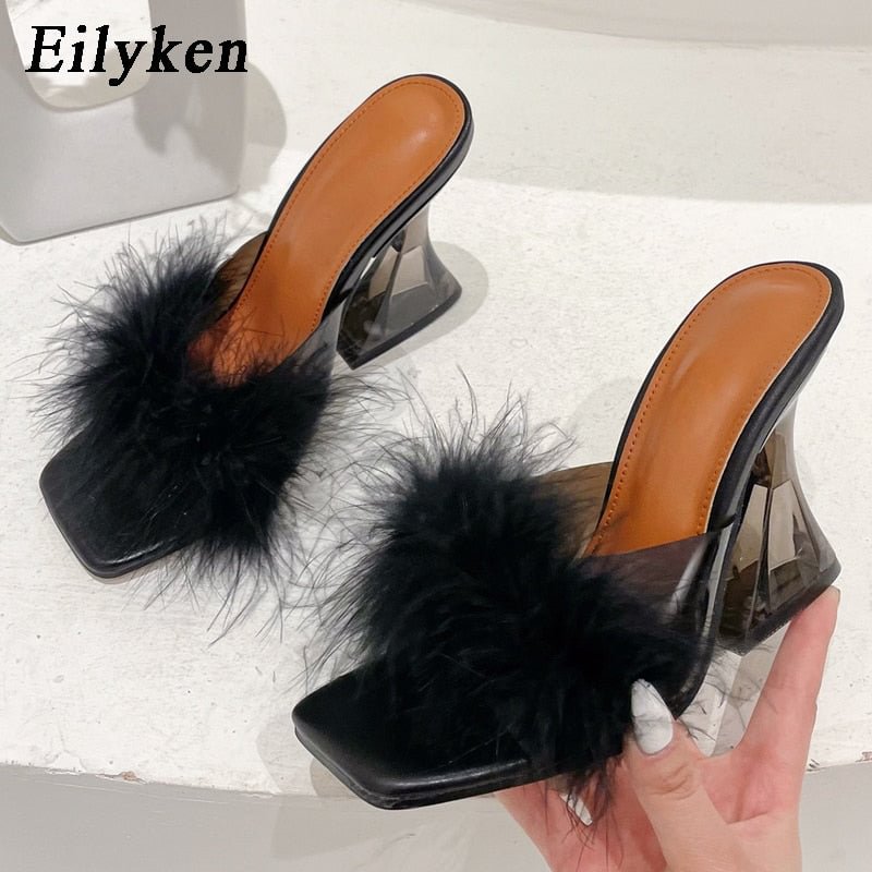 Eilyken Woman Feather Transparent Strange High heels Fur Slippers Sandals Women Peep toe Mules Lady Pumps Slides size 35-41
