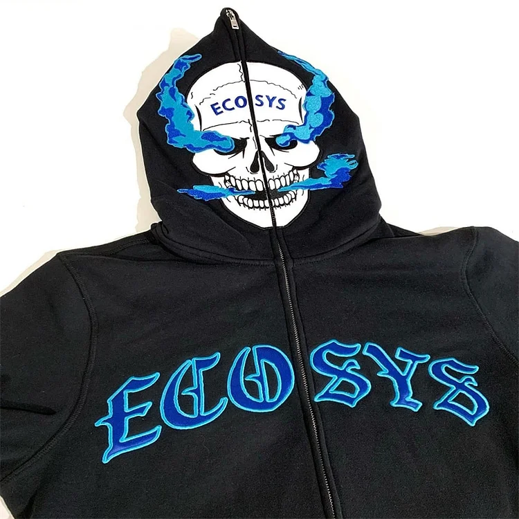 Men's Streetwear Anime Oversized Skull  Full Zip Up Hoodie at Hiphopee