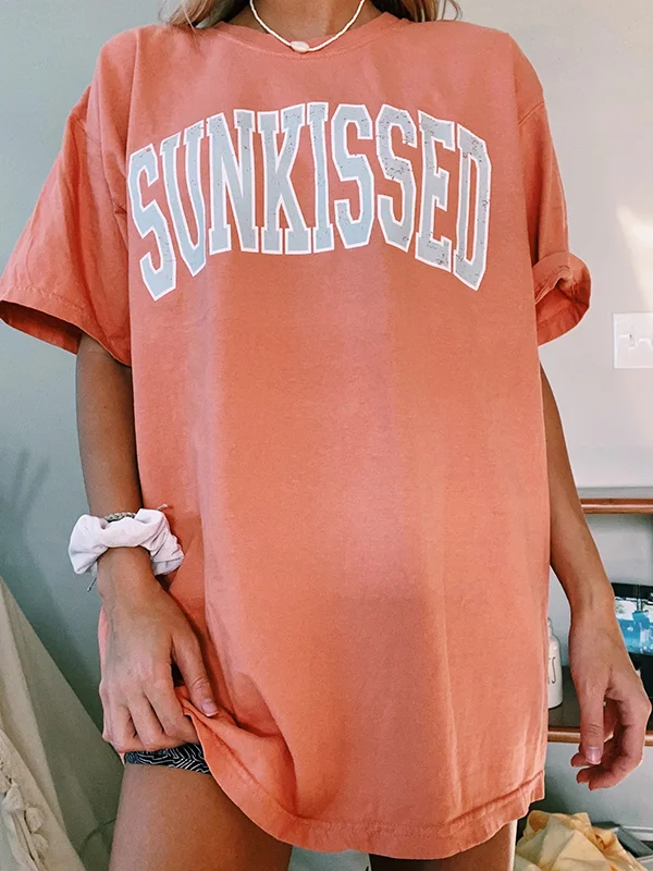 Round Neck Short Sleeve Letters Casual Tee