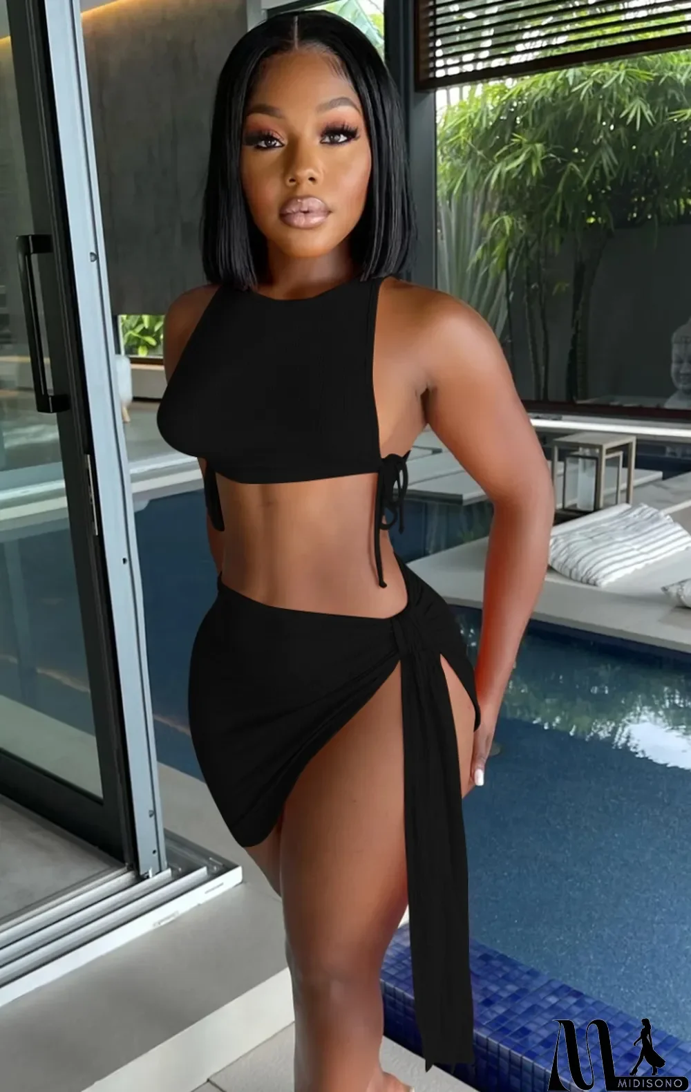 MidiSono - Summer Sexy Black Strings Crop Top and Irregular Skirt Matching Set