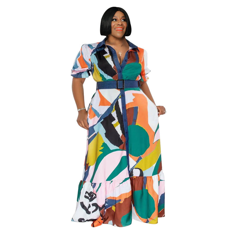 Plus Size Summer  Color Printing with Belt Loose  Women Clothing Dress