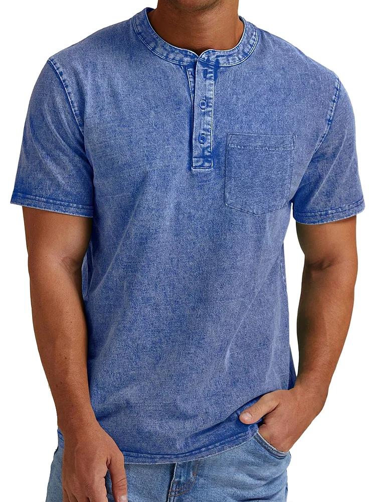 Men's Vintage Casual Button Pocket Short Sleeve Henley Shirt