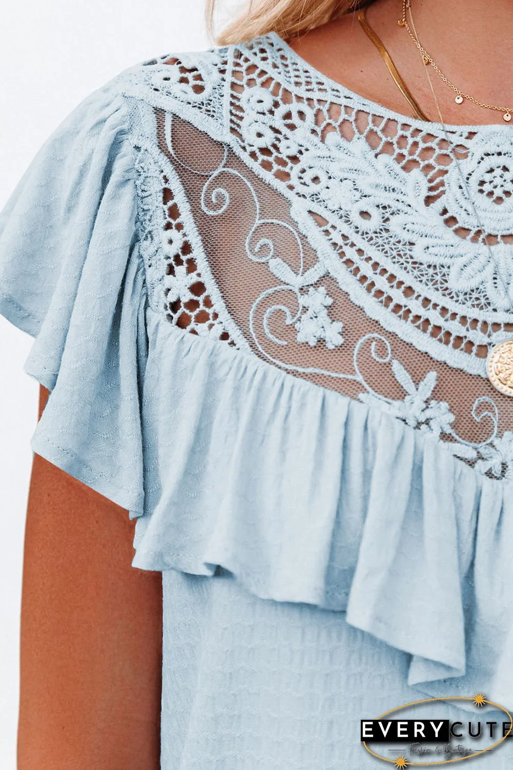 Sky Blue Lace Splicing Ruffled Short Sleeve T-shirt