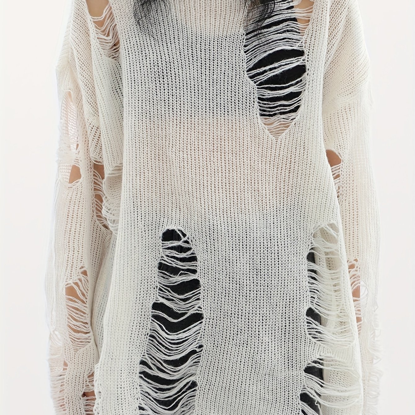 Ripped Boat Neck Knit Sweater - Distressed Long Sleeve Solid Pullover for Women