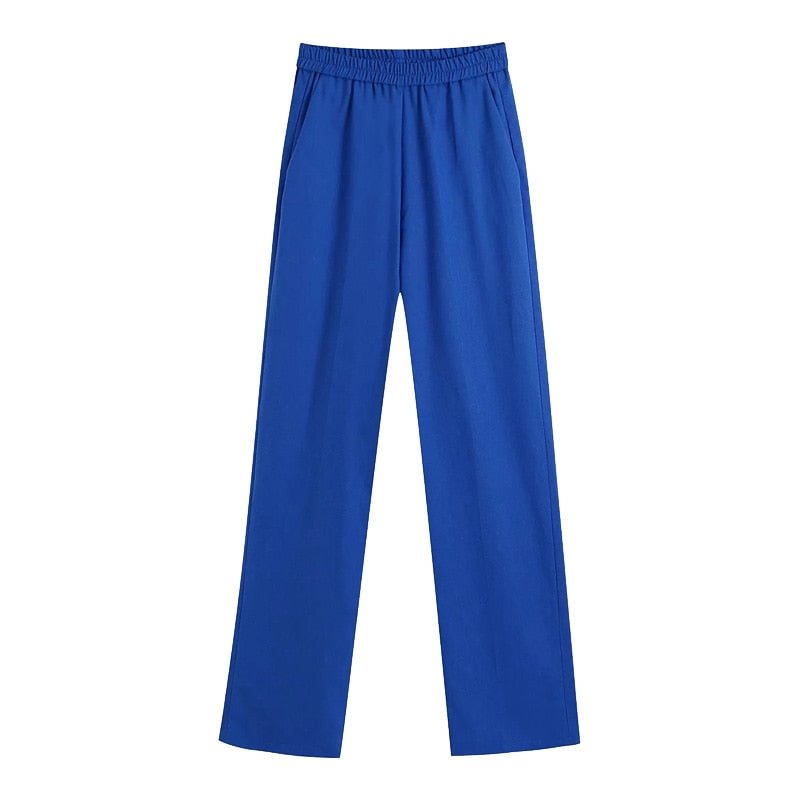 TRAF Women Chic Fashion Side Pockets Wide Leg Pants Vintage High Elastic Waist Female Trousers Mujer