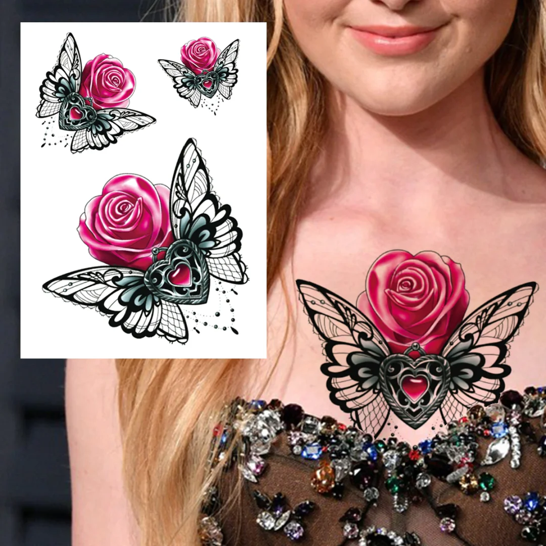 Sdrawing Butterfly Flower Temporary Tattoos For Women Girls Lace Feather Geometry Tattoo Sticker Fake Rose Sexy Tatoos Decor
