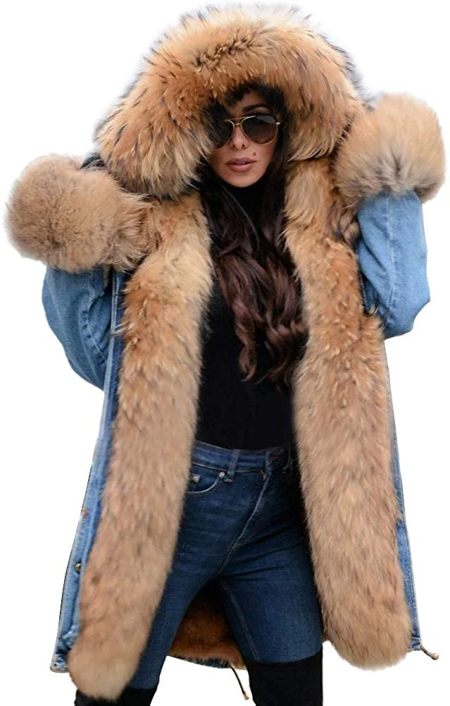 Womens Winter Denim Coat Thicken Lined Faux Fur Hood Jacket Warm Sherpa Fur Overcoat Plus Size Jean Outerwear