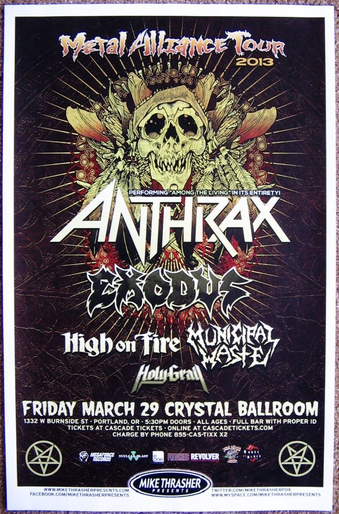 ANTHRAX 2013 Gig POSTER Portland Oregon Concert