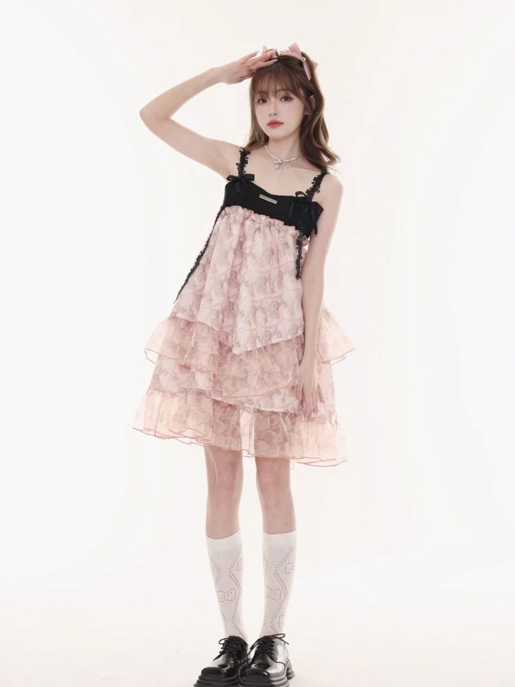 Lourdasprec   Fairycore Lolita Princess Dress Women Kawaii Japanese Style Sweet Patchwork Bow Two Layered Ruched A-line Slip Dresses