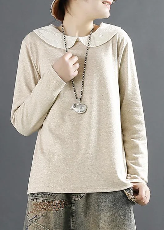 Women Khaki Elegant Lace Organic Spring Tops
