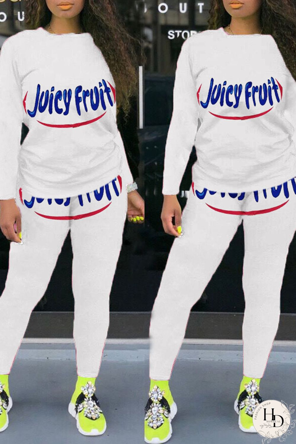 Colour Street Letter Print Patchwork O Neck Long Sleeve Two Pieces