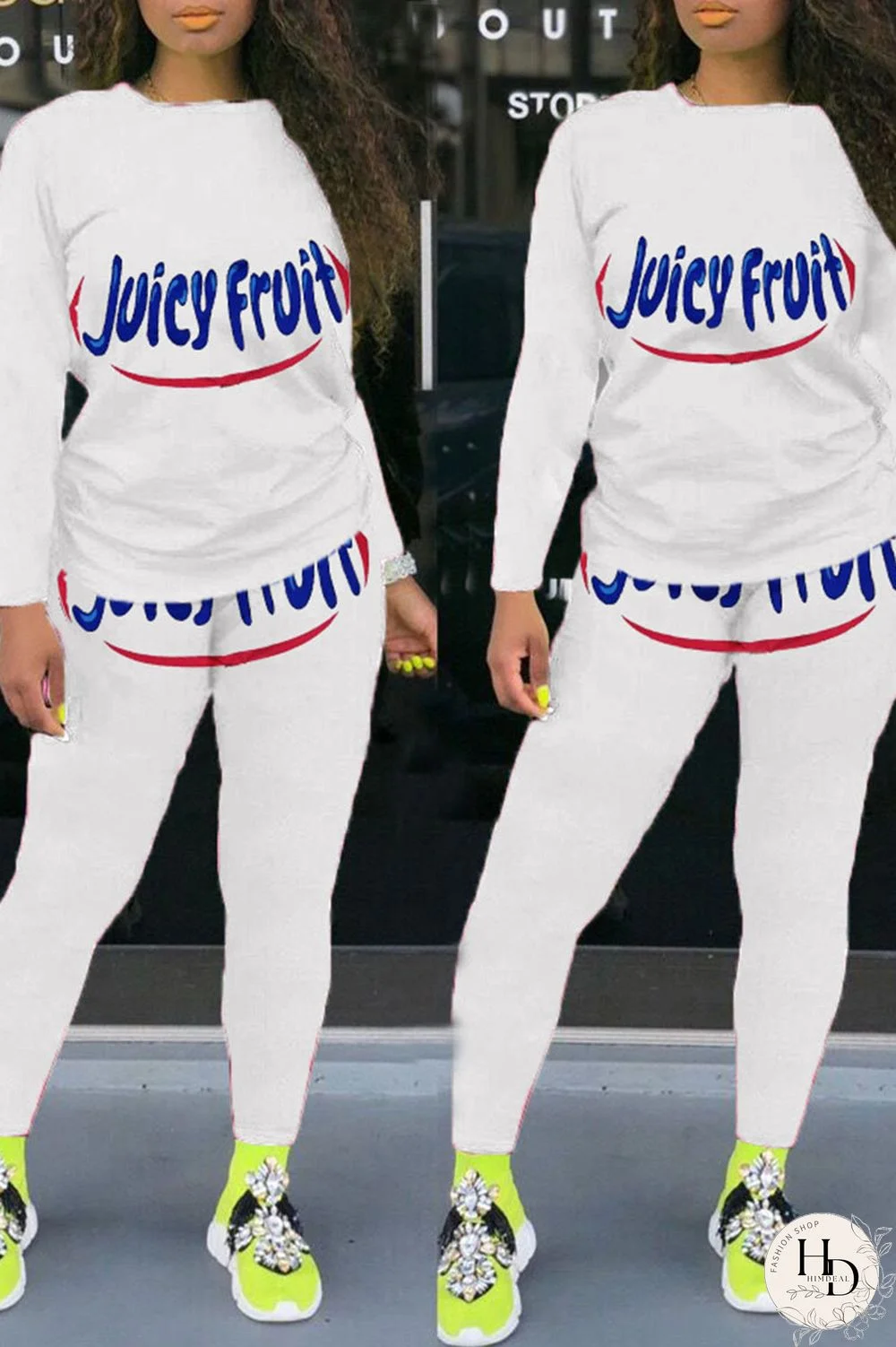 Colour Street Letter Print Patchwork O Neck Long Sleeve Two Pieces