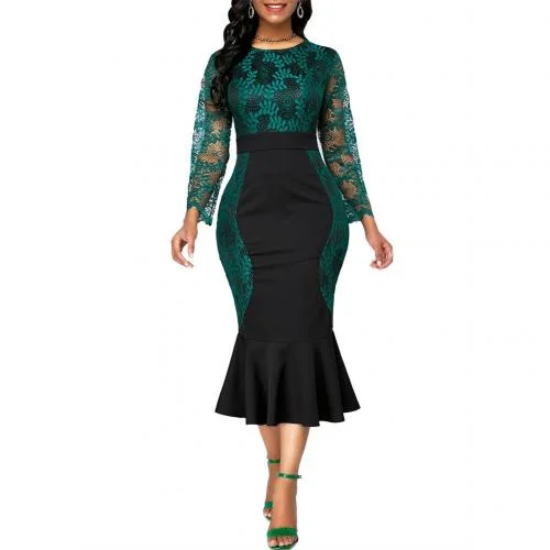 vestidos Dresses For Women 2021  Elegant Lace Patchwork Color Block Long Sleeve Fishtail Hem Bodycon Midi Dresses Party
