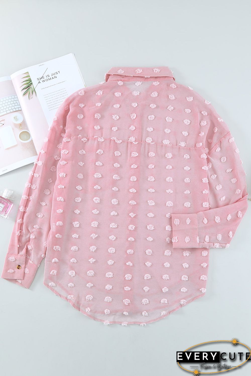 Pink Swiss Dot Buttoned Pocket Long Sleeve Shirt