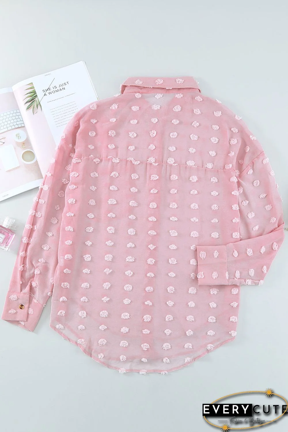 Pink Swiss Dot Buttoned Pocket Long Sleeve Shirt