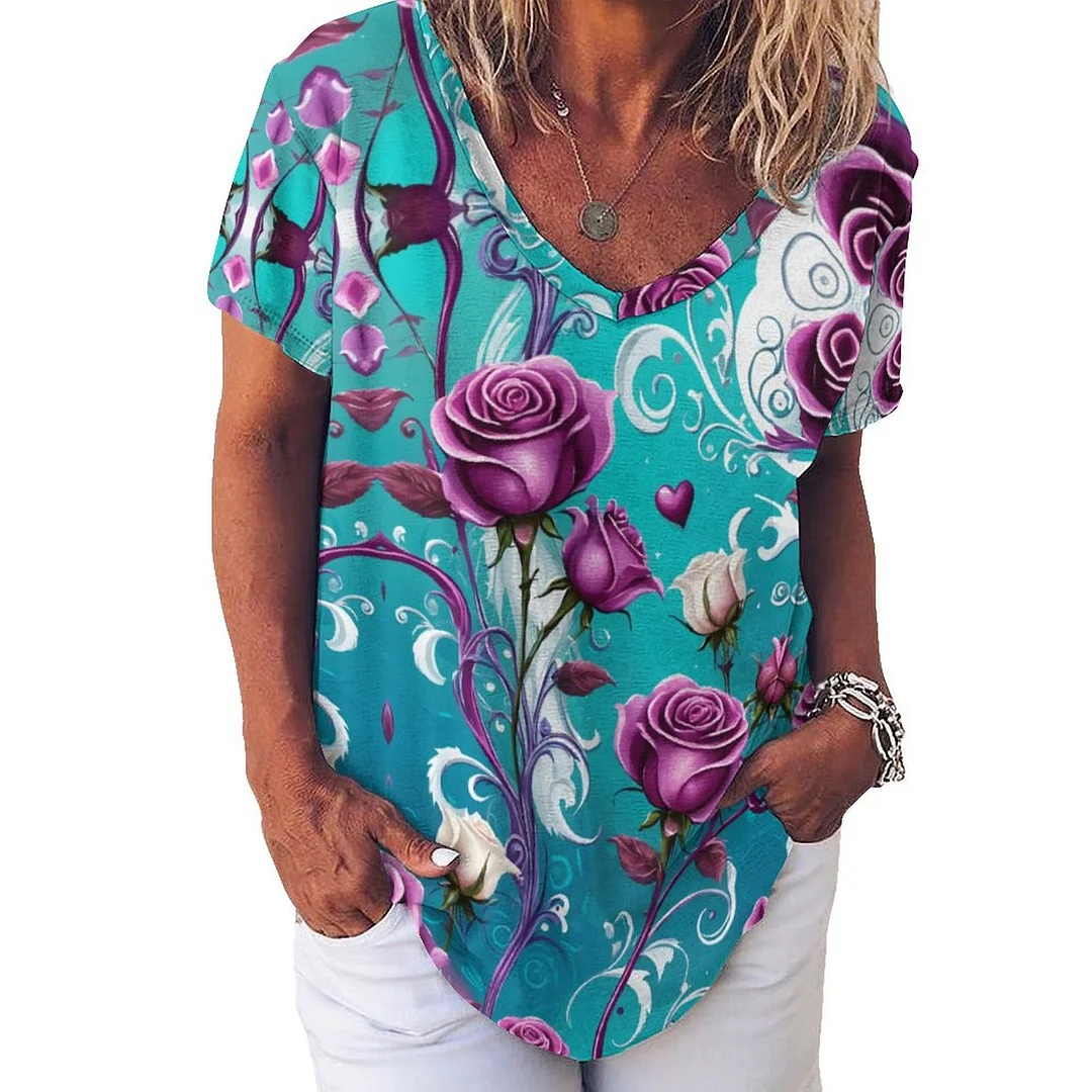V-neck Short Sleeve Casual T-shirt for  Women Printed with Pattern Floral, Purple, Blue