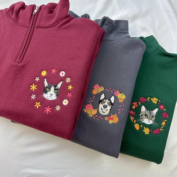 Custom Premium Handcrafted Embroidered Pet Portrait Quarter Zip Sweatshirt with Floral or Seasonal Wreath