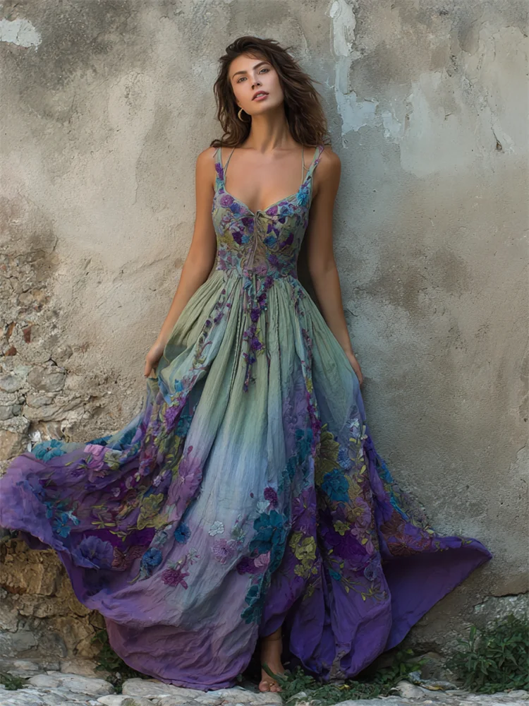 Classy Violet Floral Embroidered Gradient Flowy Linen Maxi Dress