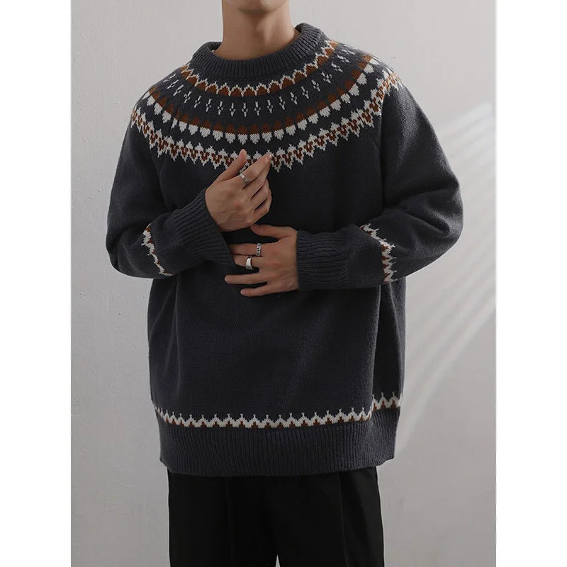 New Loose Lazy Sweater Men's Design Sense Nordic Vintage Autumn/Winter Day Pullover Crewneck Sweater