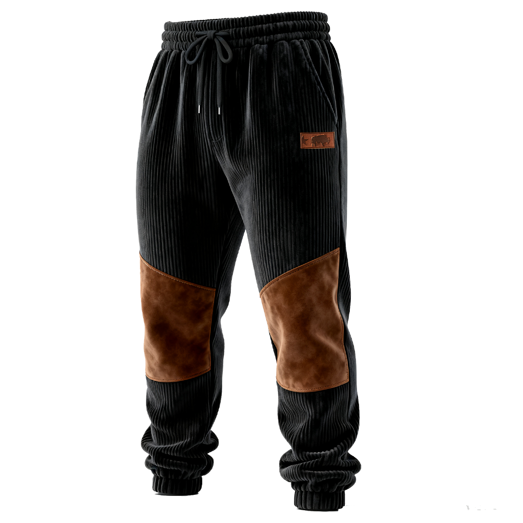 Black Corduroy Joggers with Brown Leather Patches
