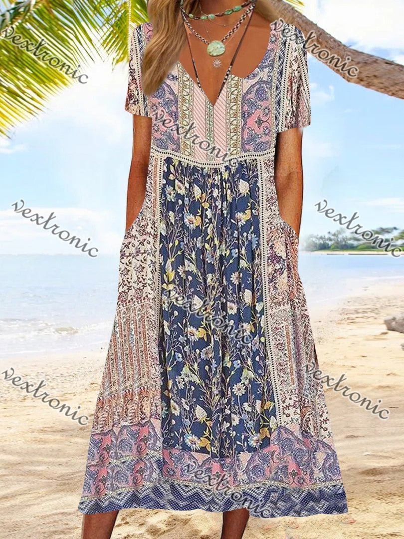 Women's Colorful Short Sleeve V-neck Graphic Floral Printed Midi Dress