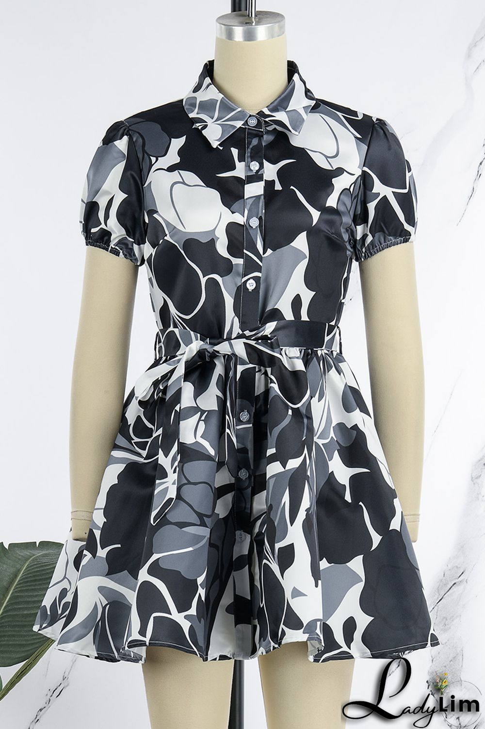 Blue Sweet Print Patchwork Buckle With Belt Turndown Collar A Line Dresses