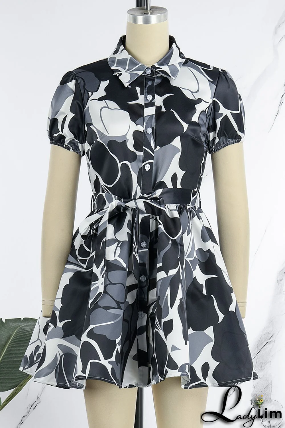 Blue Sweet Print Patchwork Buckle With Belt Turndown Collar A Line Dresses