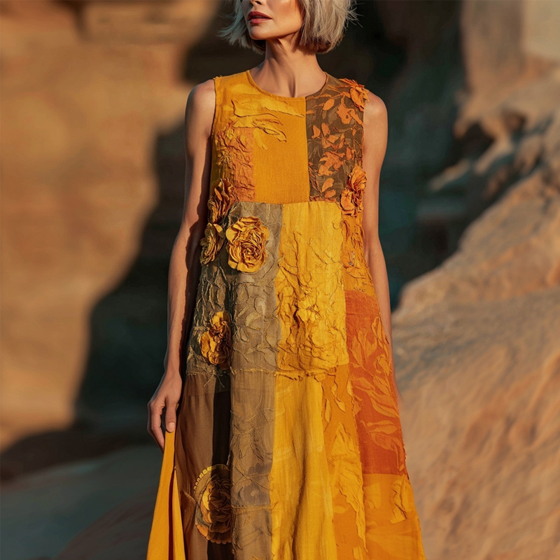 Comstylish Turmeric Roses Embroidered Patchwork Linen Midi Dress