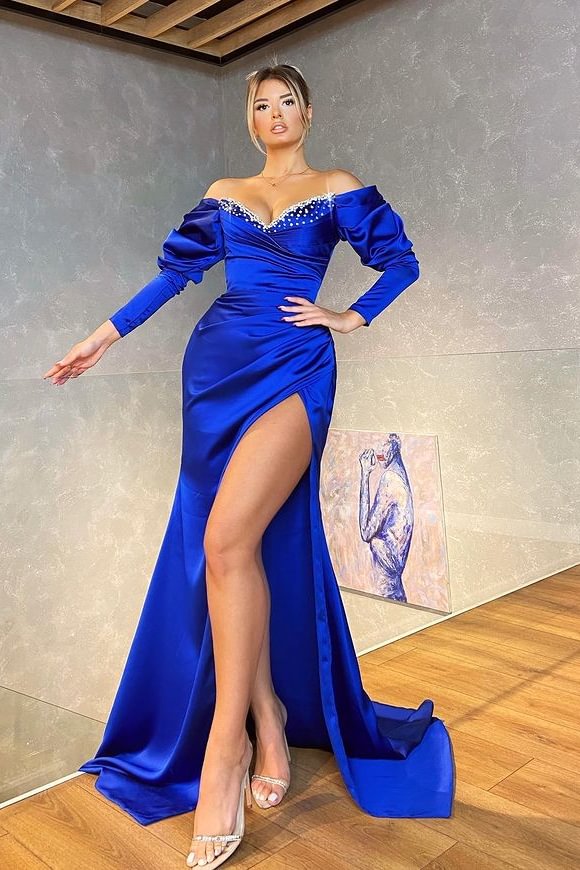 Elegant Royal Blue Long Sleeves Mermaid Evening Dress With Slit - lulusllly