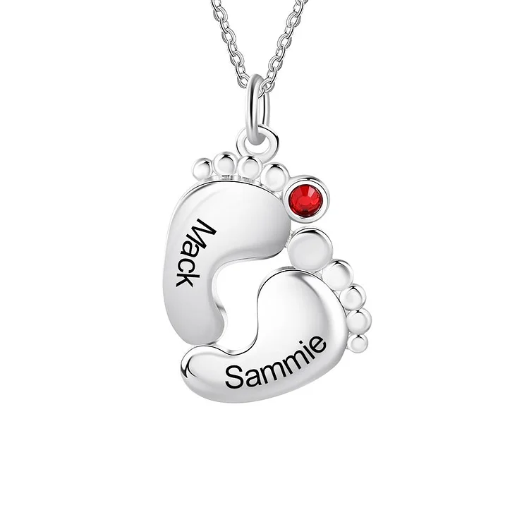 Baby Feet Necklace with 1 Birthstone Engraved 2 Names For Mother