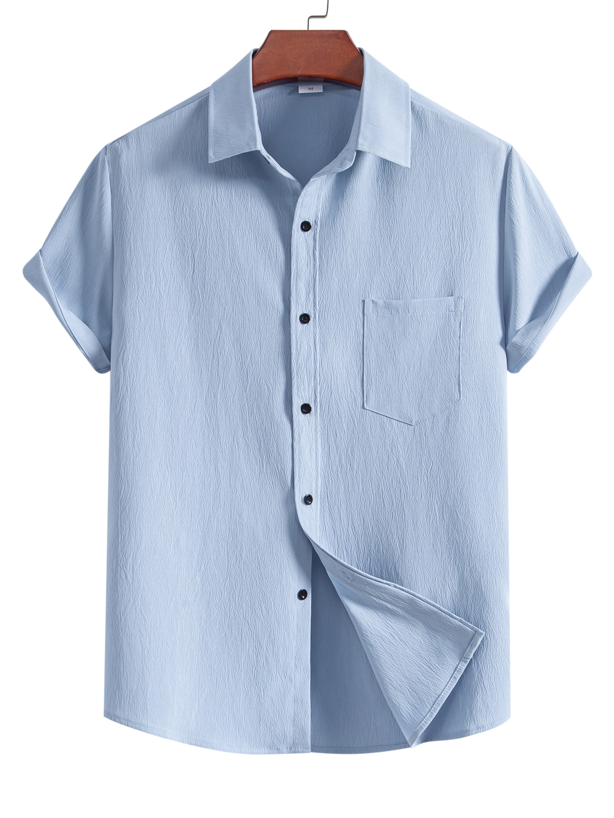 Men's cotton and linen pocket solid color textured fabric basic simple short-sleeved shirt PLUSCLOTHESMAN