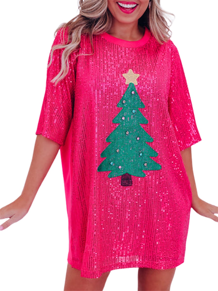 Sthobis Women's Christmas Mini T-Shirt Dress Summer Sequin Christmas Tree Pattern Short Sleeve Round Neck Loose Short Dresses for Party