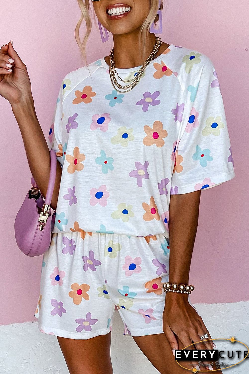 White Flower Print Short Sleeve High Waist Two Piece Shorts Set