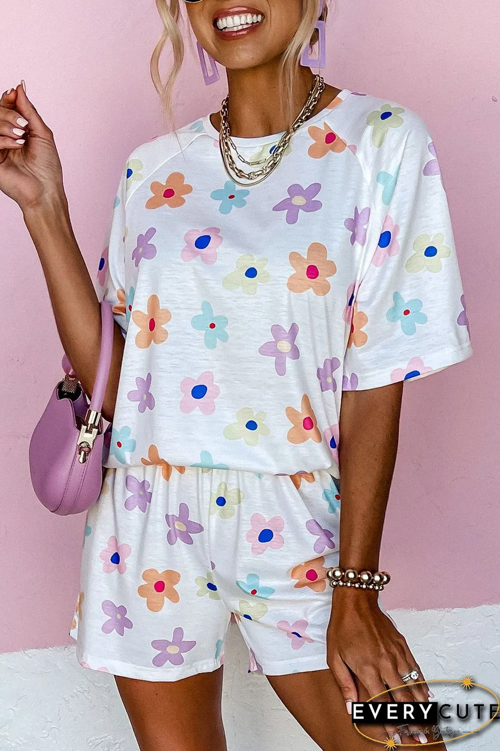 White Flower Print Short Sleeve High Waist Two Piece Shorts Set