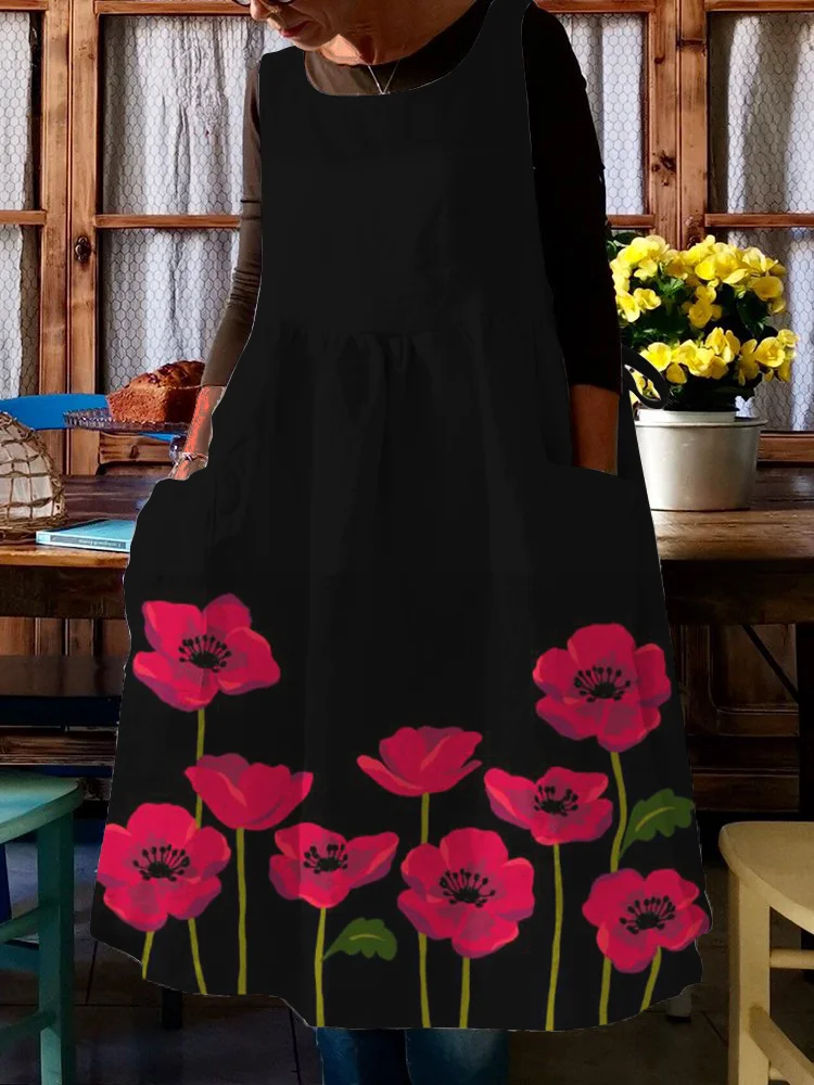 Red Flowers Art Print Midi Pinafore Dress