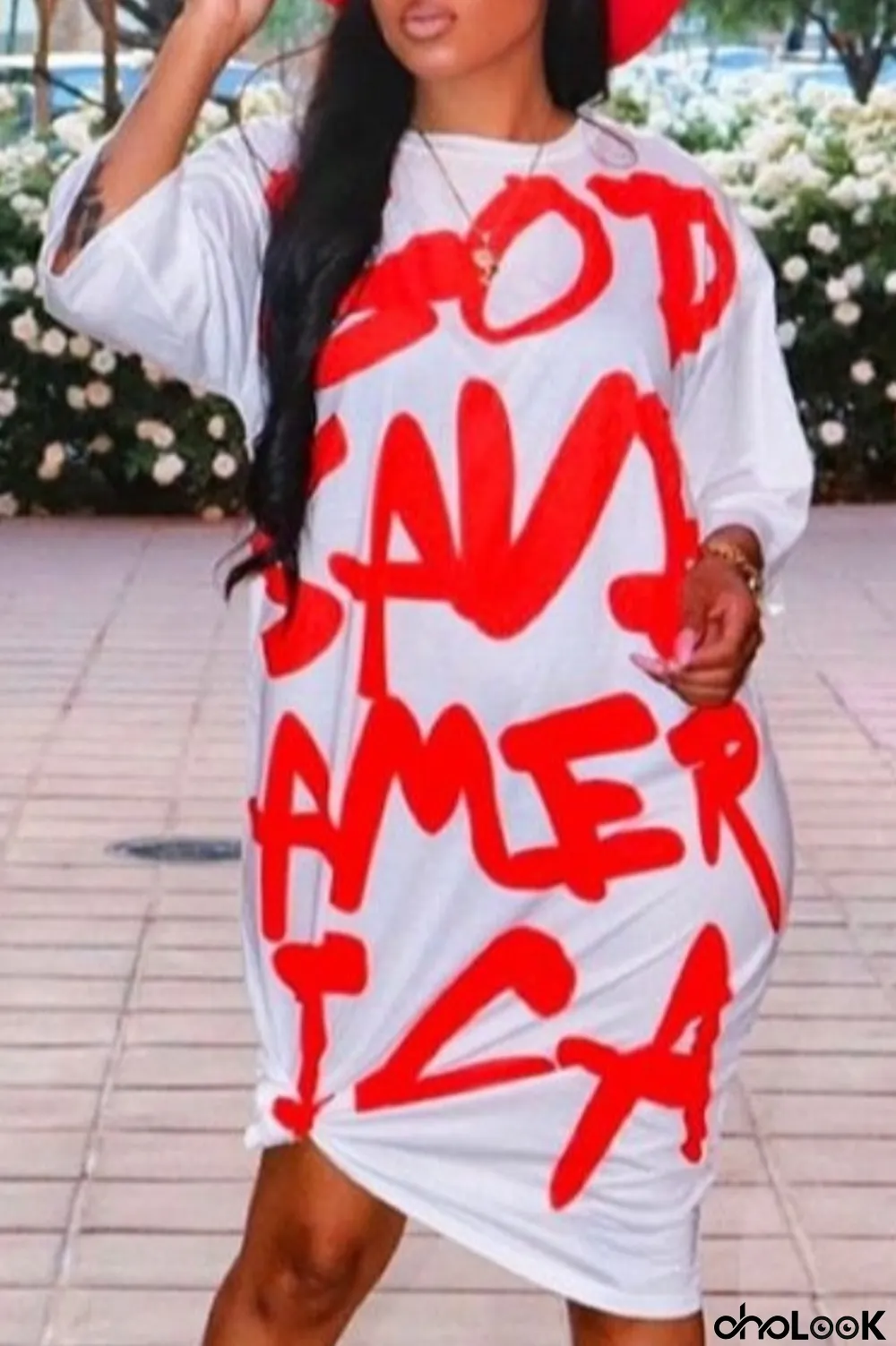 White Polyester Fashion Casual Print Plus Size