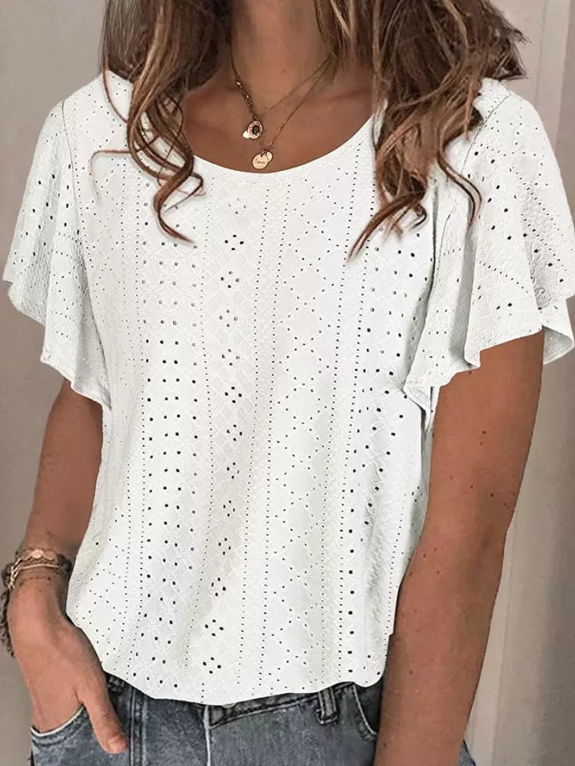Hollow Out Ruffled Flare Short Sleeve Blouse