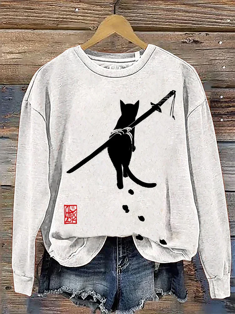 Women's Cute Colorblock Samurai Cat Print Casual Sweatshirt