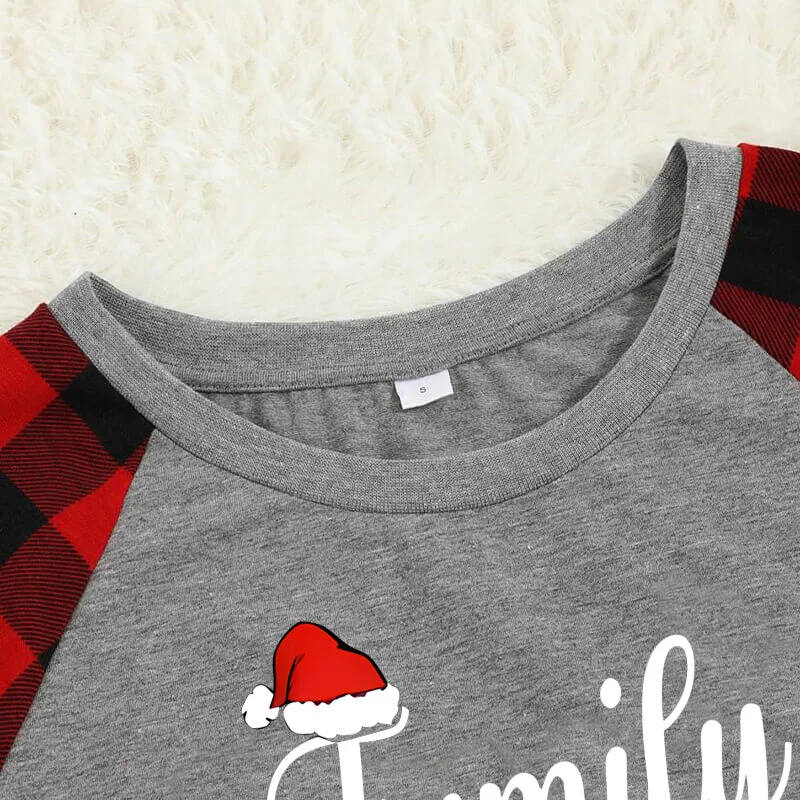 "Family Christmas" 2024 Letter Print Black & Red Plaid Family Matching Grey Pajamas With Dog bandana