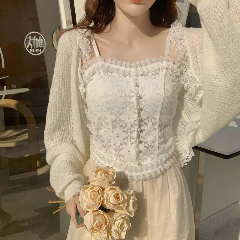 Billionm Women Pearl Sexy Vintage Corset Lace Crop Tops Bralette Cute Camis Vest Spaghetti Straps Elegant French Tank Top Party Clubwear