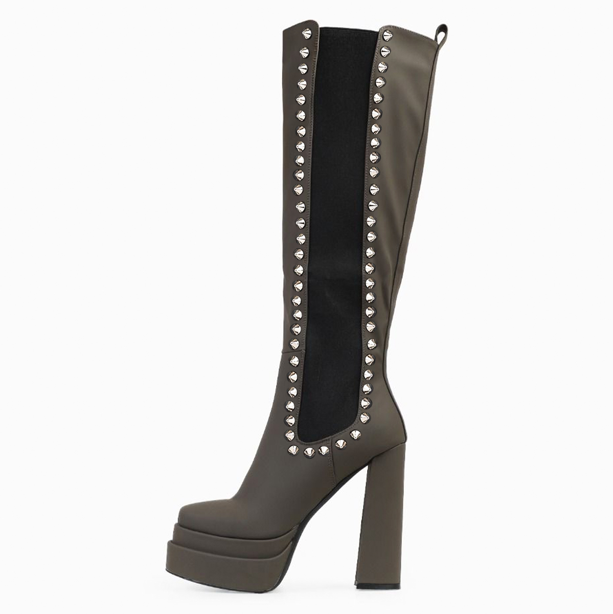Grey Square Toe Elastic Panel Knee High Heeled Boots with Platform Nicepairs