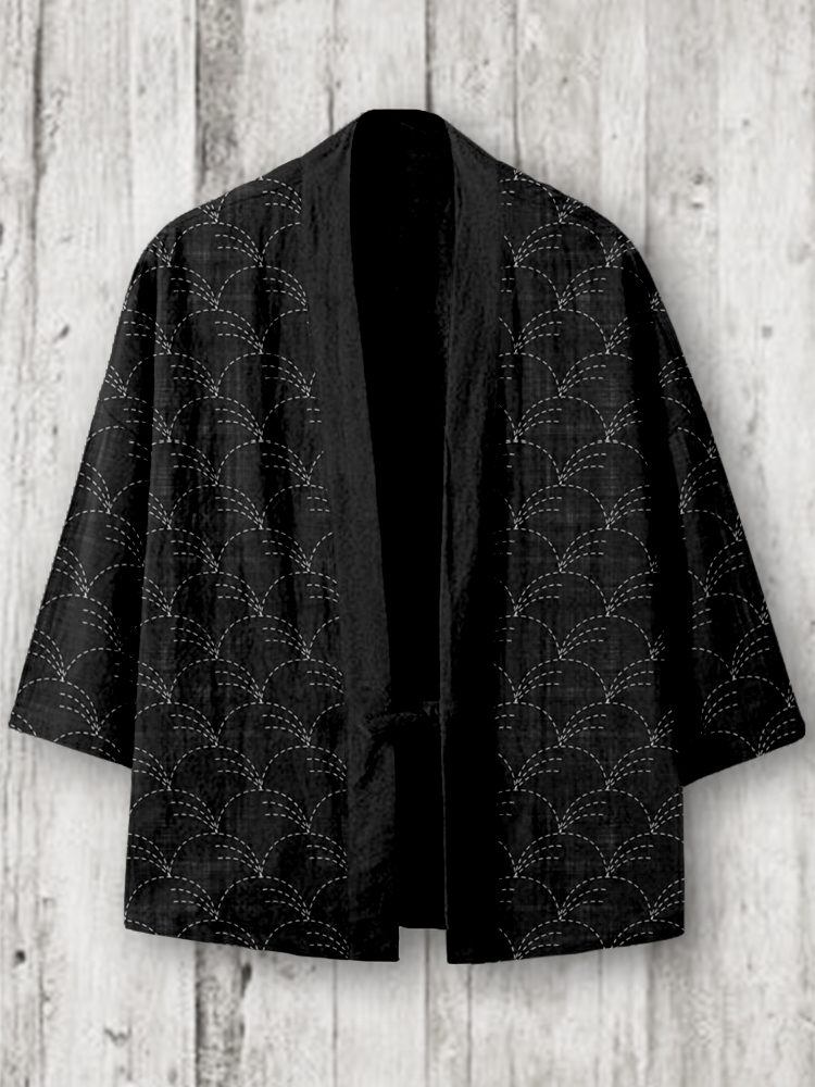 menweary Traditional Japanese Sashiko Art Linen Blend Kimono Cardigan