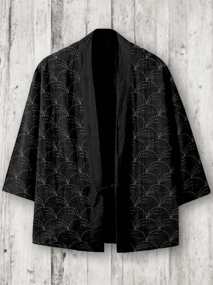 Traditional Japanese Sashiko Art Linen Blend Kimono Cardigan