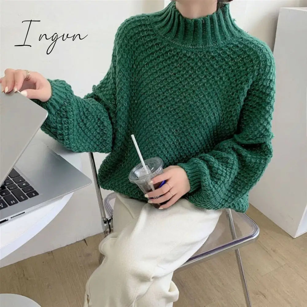 Ingvn - Winter Clothes Women Turtleneck Hollow Out Loose Solid Thick Knit Bottoming Pullovers Short