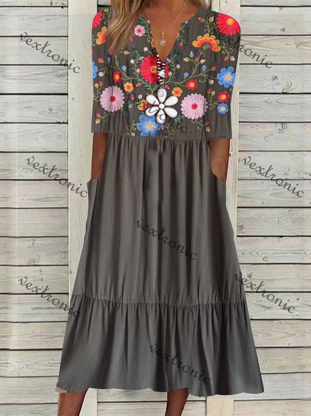 Women's Short Sleeve V Neck Brown Floral Printed Midi Dress
