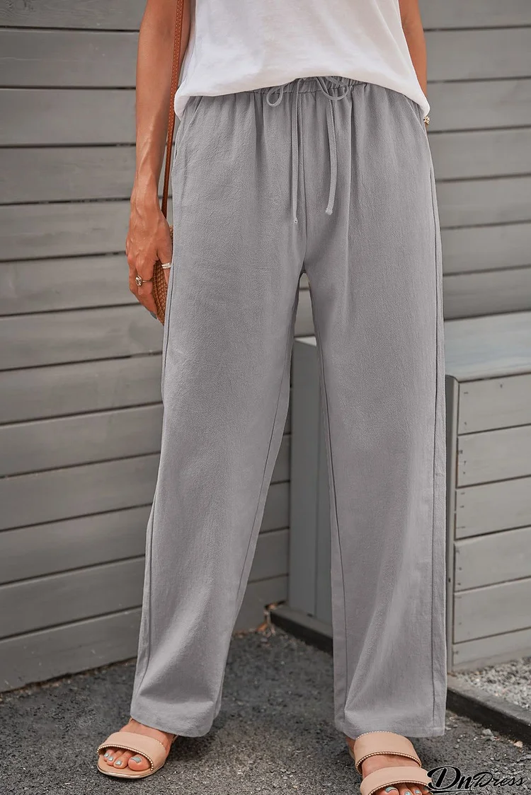 Women's Gray Drawstring Elastic Waist Pockets Long Straight Legs Pants